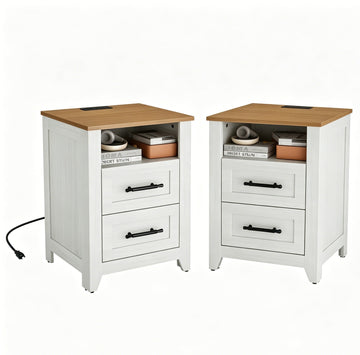 Garvee Farmhouse Nightstand Set of 2 with Charging Station, 2 Drawers & Open Shelf, Engineered Wood, Two-Tone Color, Bedroom & Living Room