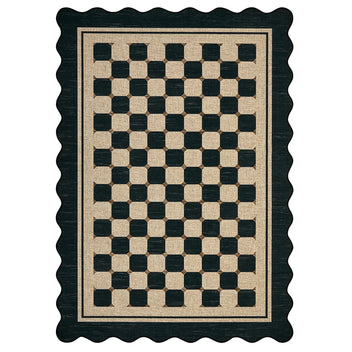 Garvee Scalloped Jute Area Rug - Modern Checkered Design - Washable Non-Slip Low Pile Carpet for Living Room, Porch, Patio, Office - Indoor Outdoor Use - Black, 9x12ft