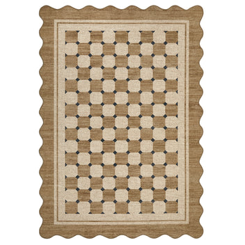 Garvee Scalloped Jute Area Rug - Modern Checkered Design - Washable Non-Slip Low Pile Carpet for Living Room, Entryway, Kitchen, Bedroom, Office - Indoor Outdoor - Flaxen Color, 4x6ft