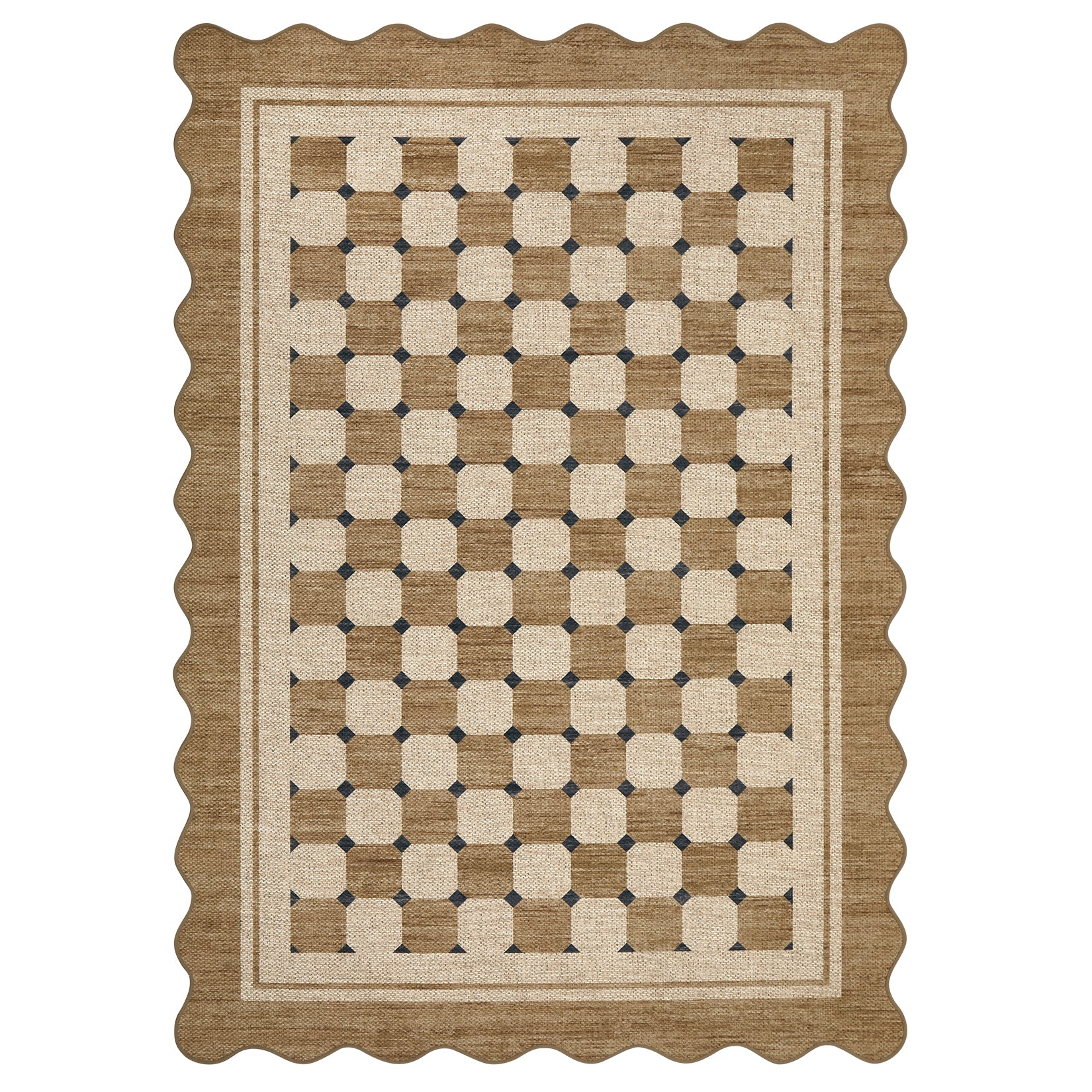 Garvee Scalloped Jute Area Rug - Modern Checkered Design - Washable Non-Slip Low Pile Carpet for Living Room, Entryway, Kitchen, Bedroom, Office - Indoor Outdoor - Flaxen Color, 4x6ft