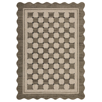 Garvee Scalloped Jute Area Rug - Taupe Checkered Design - Washable Non-Slip Low Pile Carpet for Living Room, Bedroom, Porch, Patio, Entryway, Balcony, Taupe, 9x12ft