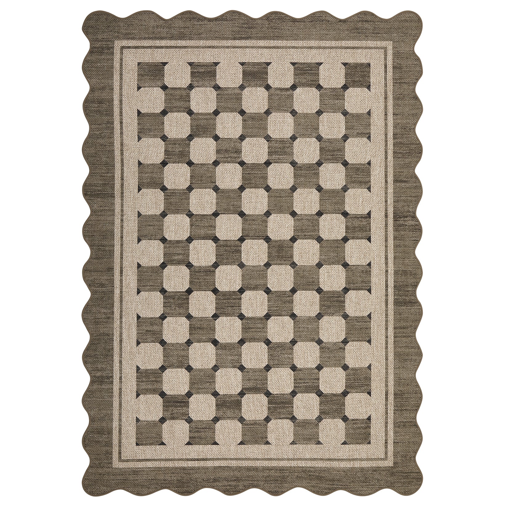 Garvee Scalloped Jute Outdoor Rug - Modern Boho Checkered Design - Washable Non-Slip Area Mat for Living Room, Porch, Balcony, Entryway, Office, Taupe, 5x7ft