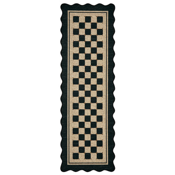 Garvee Scalloped Jute Runner Rug - Washable Non-Slip Checkered Carpet - Modern Farmhouse Style for Hallway, Kitchen, Entryway, Porch, Office, Balcony - Black, 2x6ft