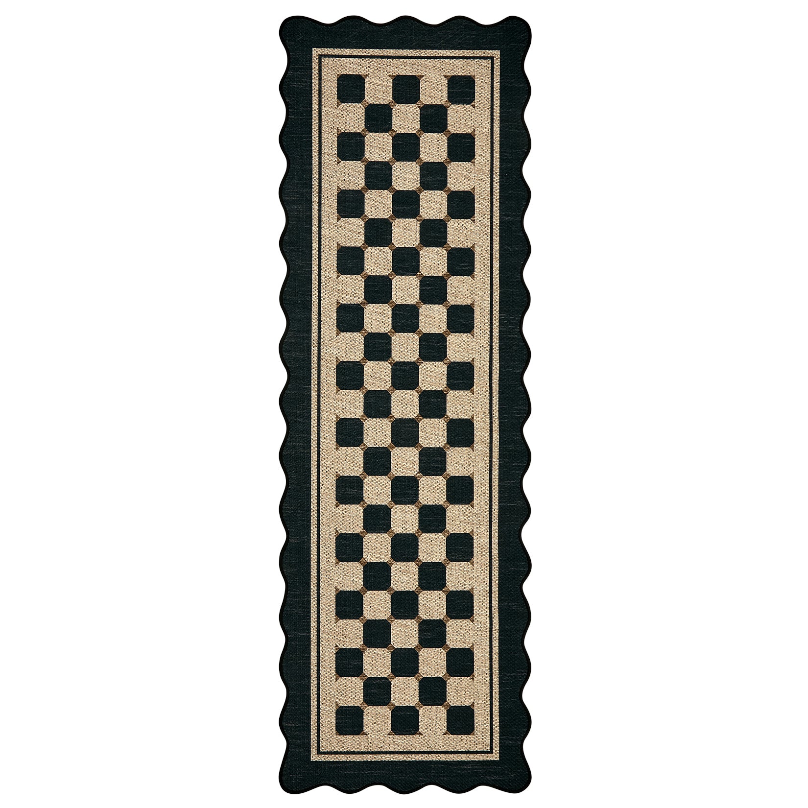 Garvee Scalloped Jute Runner Rug - Washable Non-Slip Checkered Carpet - Modern Farmhouse Style for Hallway, Kitchen, Entryway, Porch, Office, Balcony - Black, 2x6ft