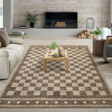 Garvee 5' × 7' Checkerboard Area Rug, Machine Washable Non-Slip Low-Pile Soft Rug for Living Room, Bedroom & Dining Room, Brown