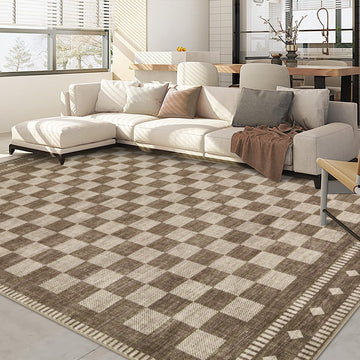 Garvee 8' × 10' Checkerboard Area Rug, Machine Washable Non-Slip Low-Pile Soft Rug for Living Room, Bedroom & Dining Room, Brown
