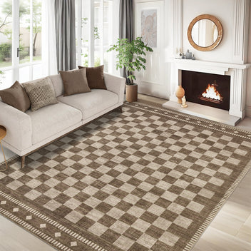 Garvee 9' × 12' Checkerboard Area Rug, Machine Washable Non-Slip Low-Pile Soft Rug for Living Room, Bedroom & Dining Room, Brown