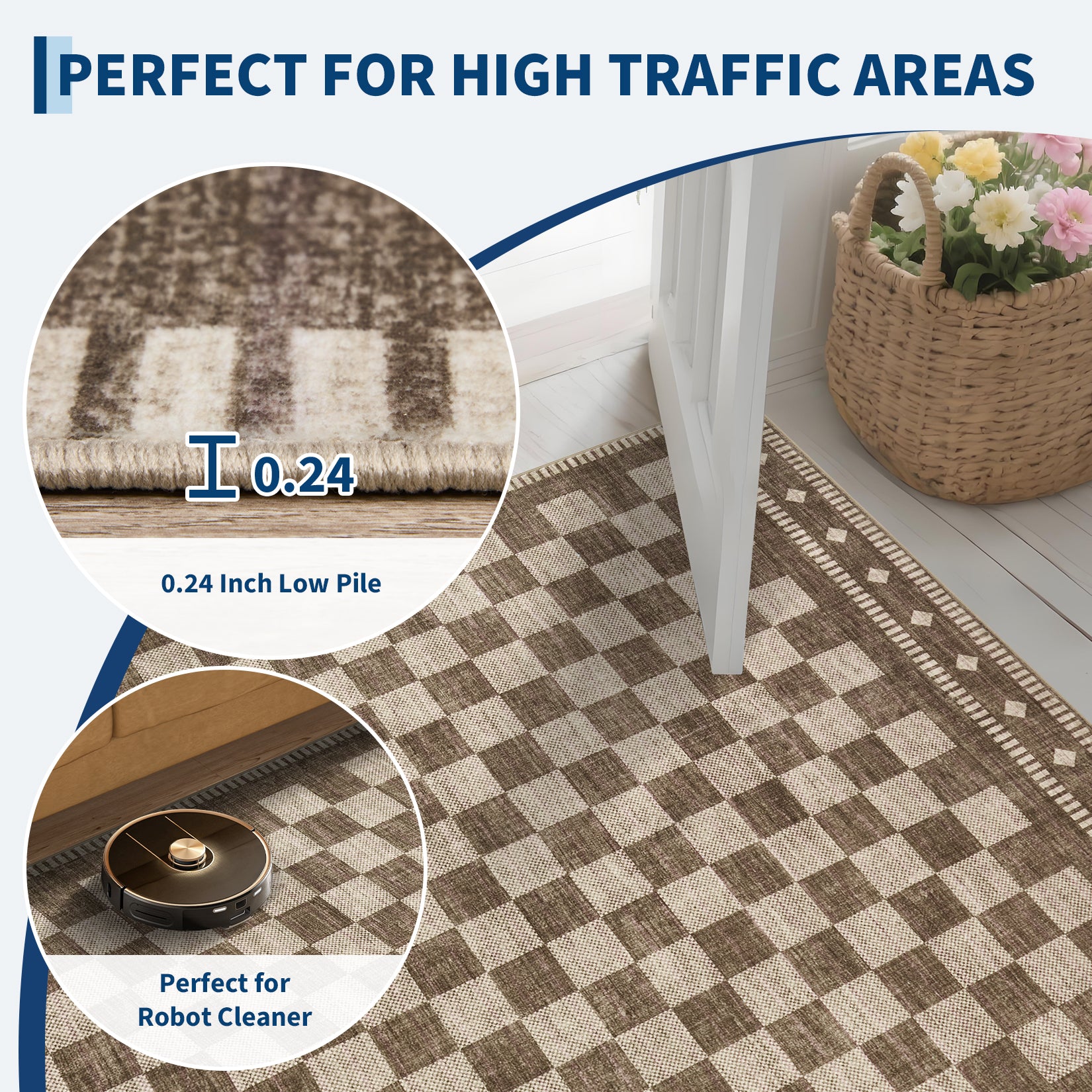 Garvee 2' × 6' Checkerboard Runner Rug, Machine Washable Non-Slip Low-Pile Rug for Hallway, Kitchen & Entryway, Brown