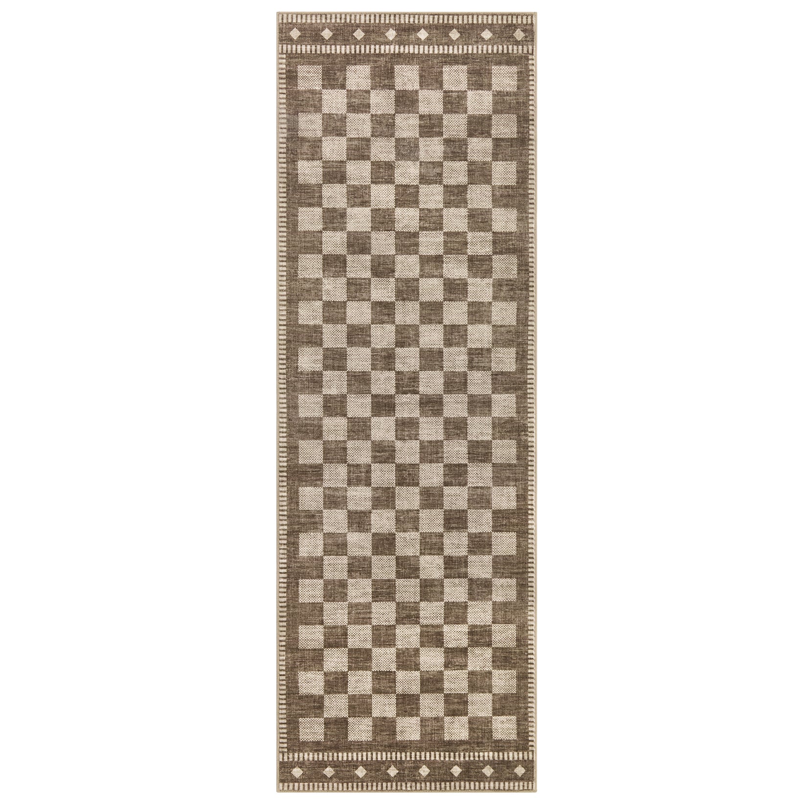 Garvee 2' × 6' Checkerboard Runner Rug, Machine Washable Non-Slip Low-Pile Rug for Hallway, Kitchen & Entryway, Brown