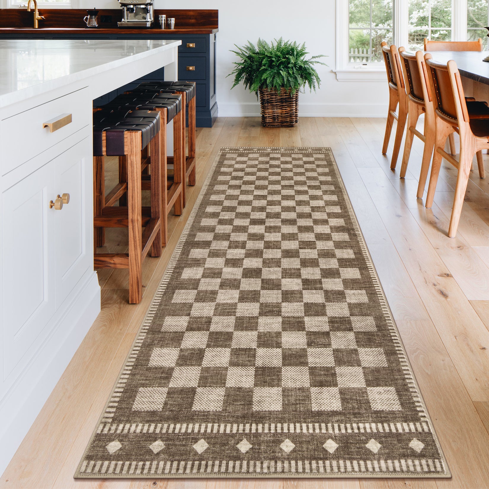Garvee 2' × 6' Checkerboard Runner Rug, Machine Washable Non-Slip Low-Pile Rug for Hallway, Kitchen & Entryway, Brown