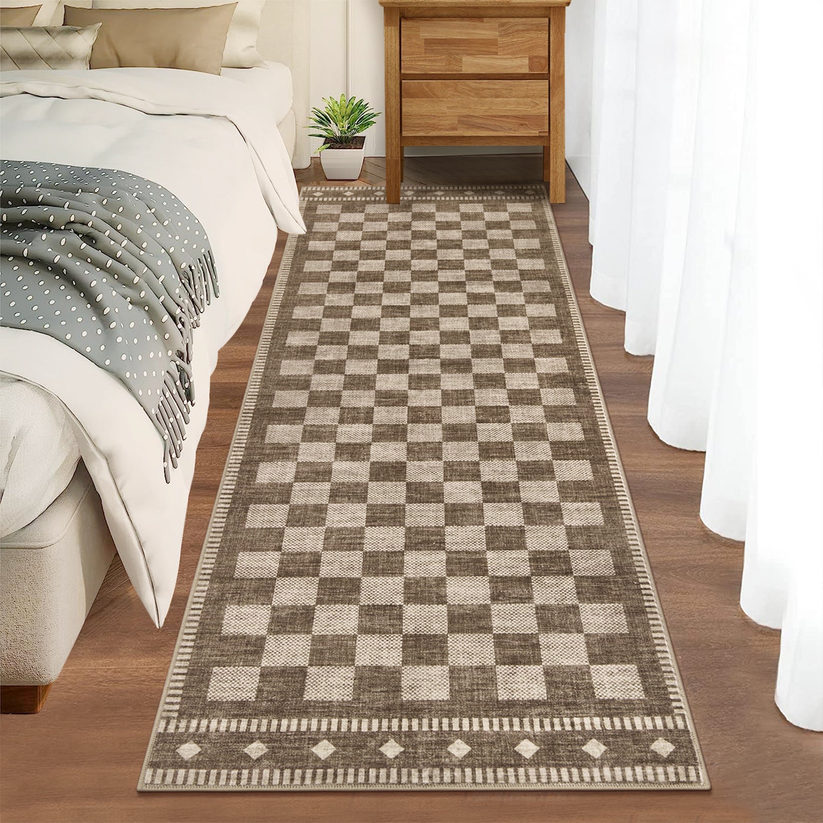 Garvee 2' × 6' Checkerboard Runner Rug, Machine Washable Non-Slip Low-Pile Rug for Hallway, Kitchen & Entryway, Brown