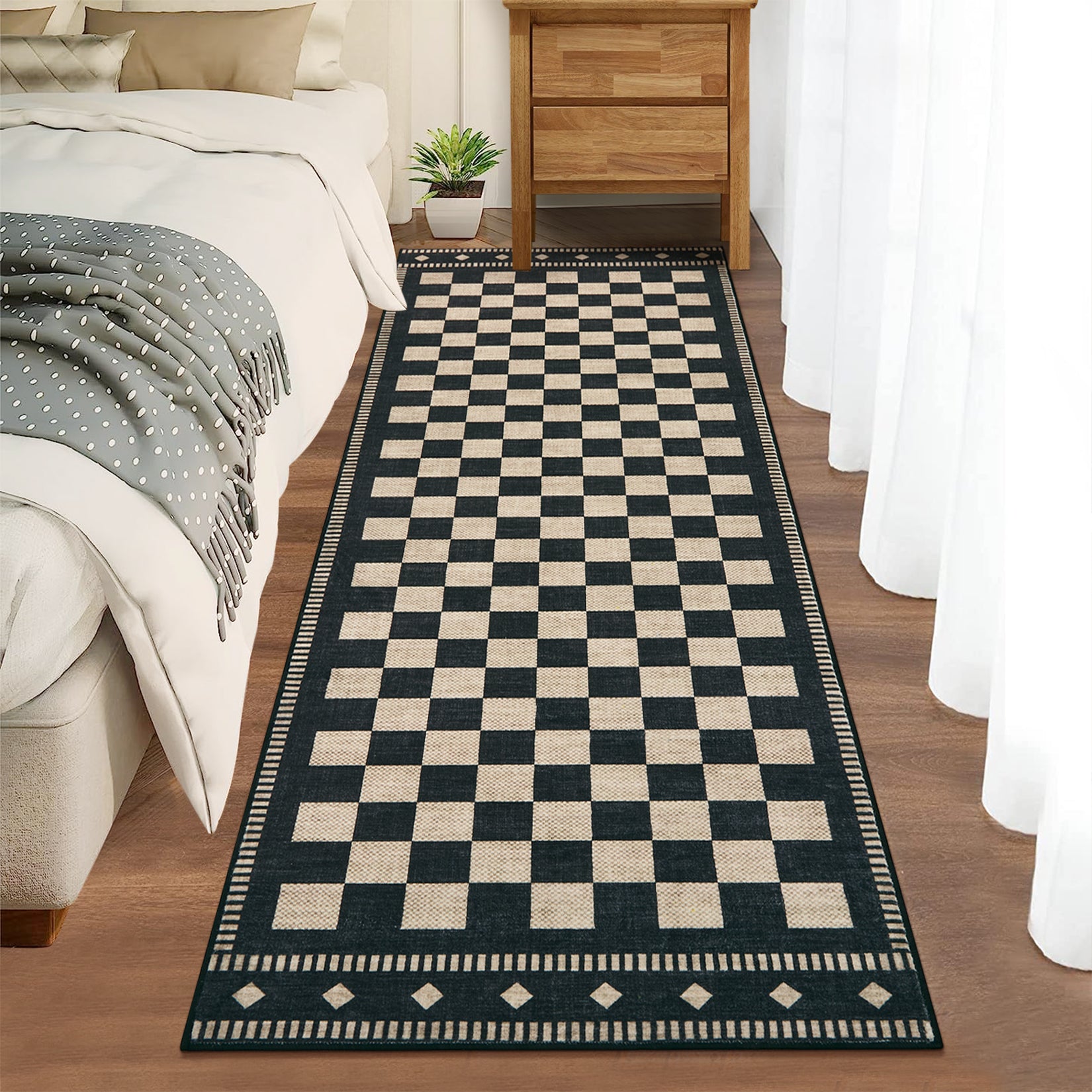 Garvee 2' × 6' Checkerboard Runner Rug, Machine Washable Non-Slip Low-Pile Rug for Hallway, Kitchen & Entryway, Black