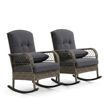 Garvee Set of 2 Outdoor Wicker Rocking Chairs, PE Rattan Patio Rockers with Thick Cushions & Steel Frame for Porch, Garden, Backyard & Deck