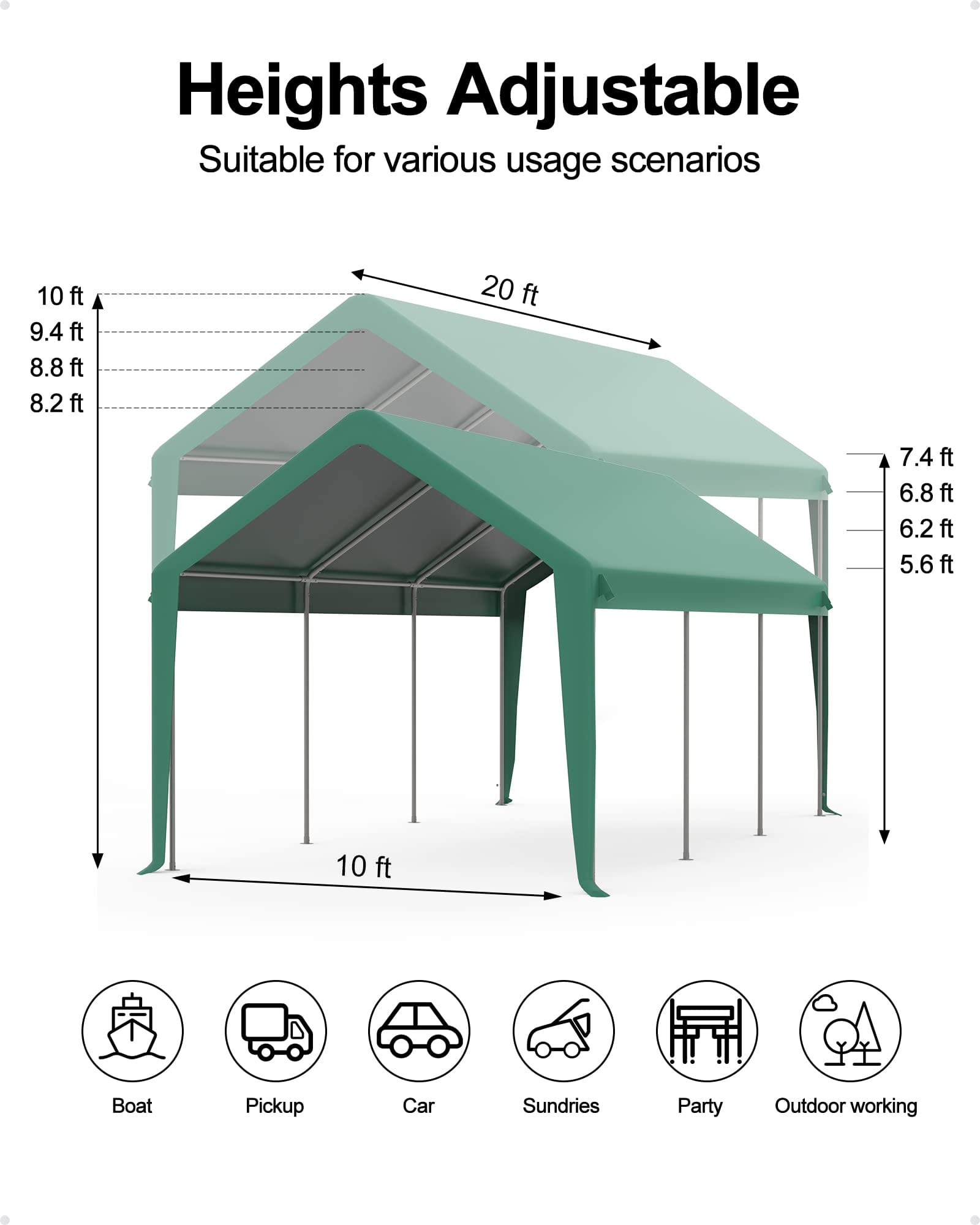 GARVEE Carport 10ft x20ft Heavy Duty Steel Canopy Height Adjustable & Portable Garage With Roll-up Door Without Sidewall Wrap Legs