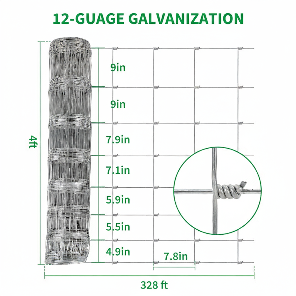 Garvee Farm Fence,4x328FT Heavy Zinc Coating Cattle Fence,Galvanized Field Wire Fencing with Hinge Knot for Cattle, Goats & Sheep,Hog,Animals Protection
