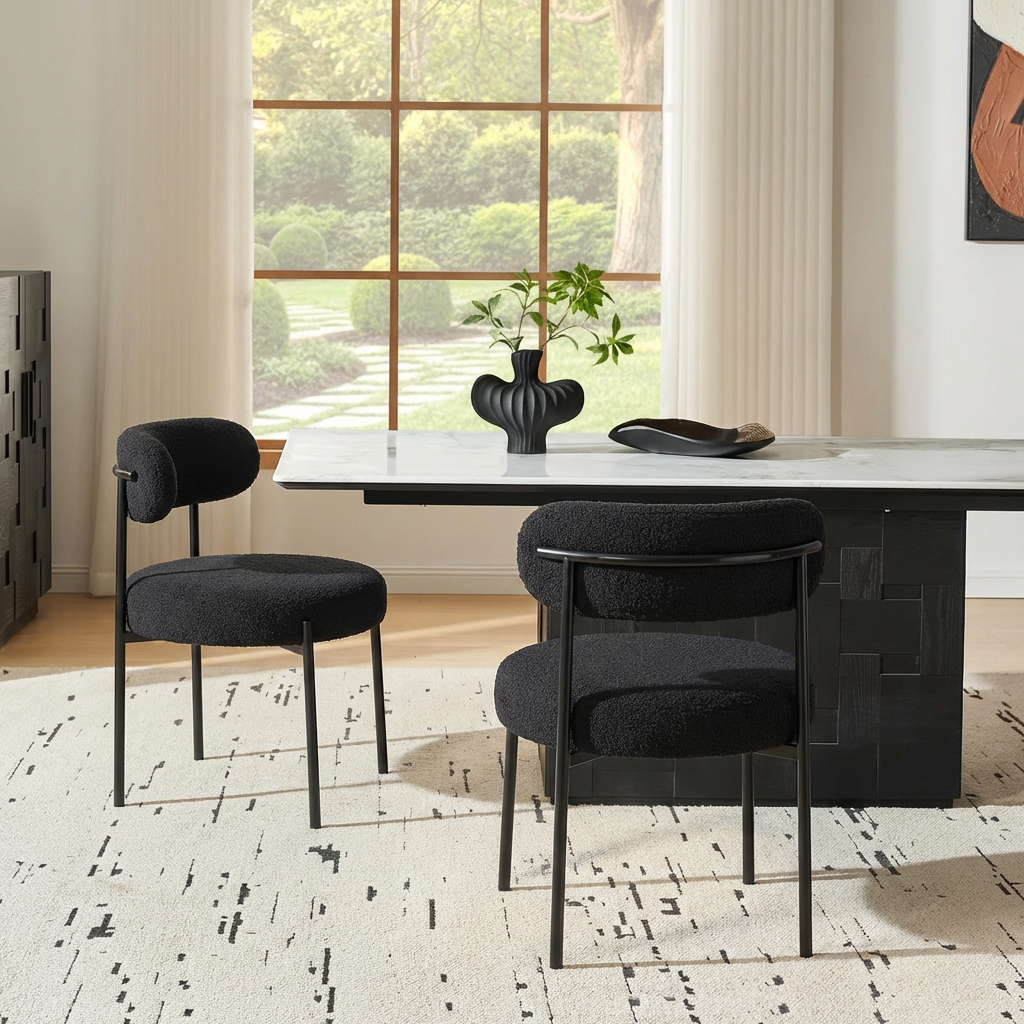 Garvee Set of 2 Mid-Century Modern Sherpa Dining Chairs with Ergonomic Curved Backrest for Dining Room and Kitchen, Black