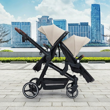 Garvee Foldable Double Baby Stroller in Multi-Position Reversible Design with Adjustable Backrest, Storage Basket and Canopy for Infant and Toddler, Beige