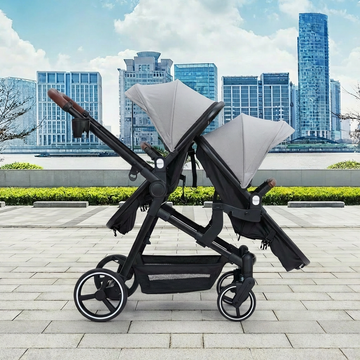 Garvee Foldable Double Baby Stroller in Multi-Position Reversible Design with Adjustable Backrest, Storage Basket and Canopy for Infant and Toddler, Light Grey