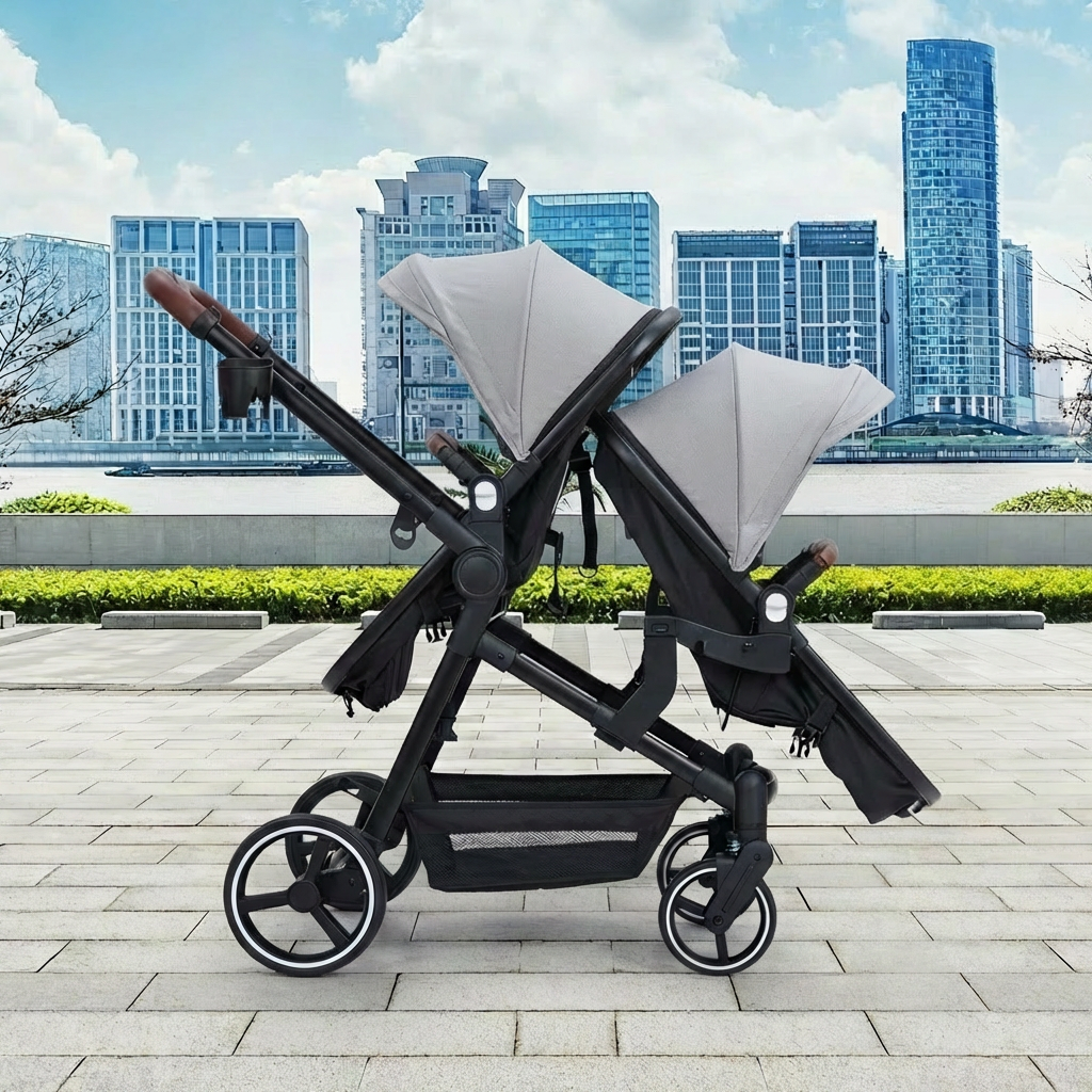 Garvee Foldable Double Baby Stroller in Multi-Position Reversible Design with Adjustable Backrest, Storage Basket and Canopy for Infant and Toddler, Light Grey