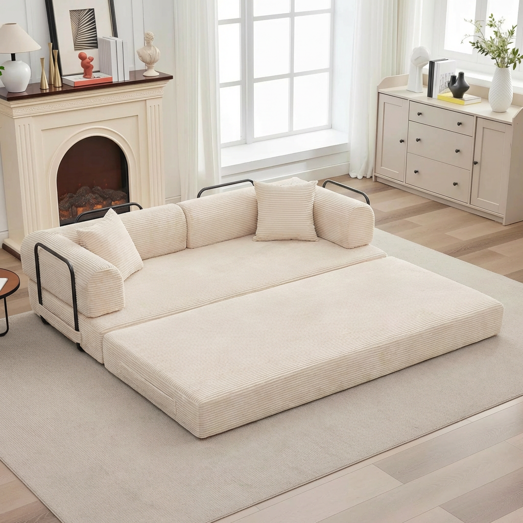 Garvee 4-in-1 Convertible Sleeper Sofa Bed, 79" Corduroy Folding Couch with Deep Seat, Boneless No Assembly Floor Sofa for Apartments, Living Room & Guests, Beige
