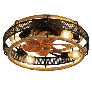 Garvee 20.5" Boho Rattan Caged Ceiling Fan with Light and Remote, 6-Speed Reversible, E26 Base for Bedroom Living Room
