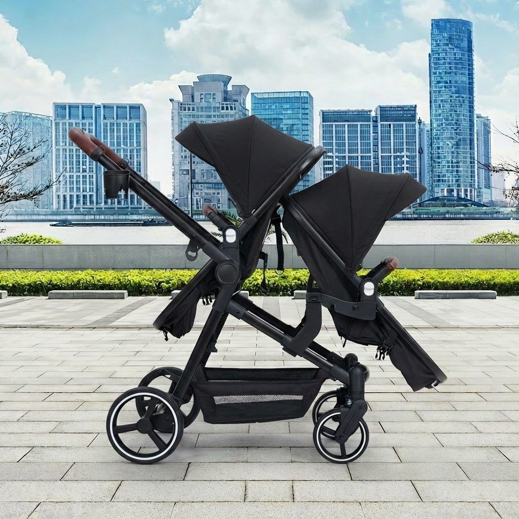 Garvee Foldable Double Baby Stroller in Multi-Position Reversible Design with Adjustable Backrest, Storage Basket and Canopy for Infant and Toddler, Black