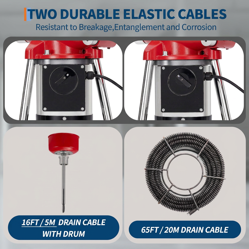 Garvee GQ-75-2 500W 400RPM Electric Drain Cleaning Machine – Heavy-Duty Auto-Feed Sewer Snake Auger with 82Ft (66Ft x 5/8" + 16Ft x 3/8") Steel Cables, 6 Cutters – Portable Drain Dredging Tool for 3/4"–4" Pipes, Sinks, Toilets, Professional Plumbing,