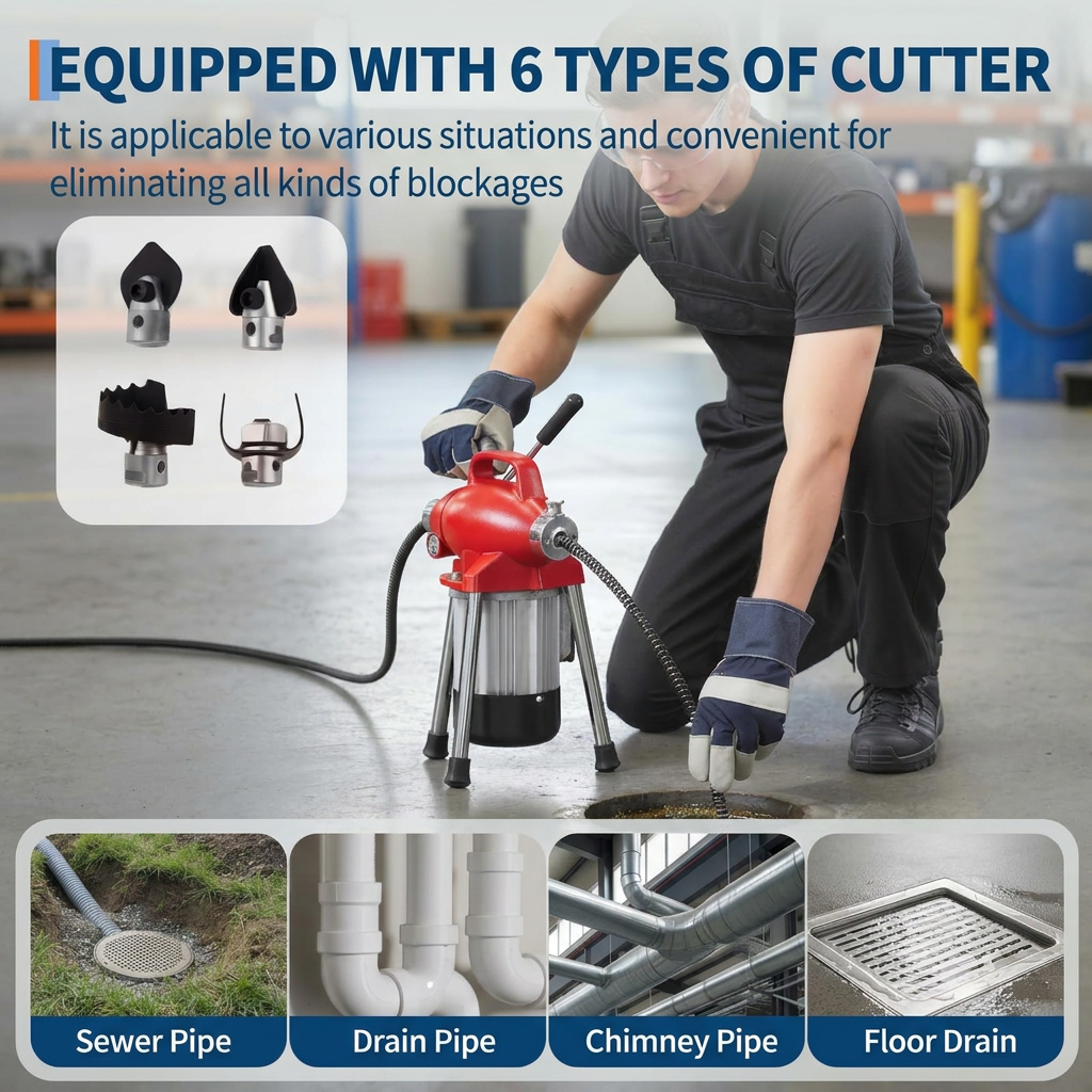 Garvee GQ-75-2 500W 400RPM Electric Drain Cleaning Machine – Heavy-Duty Auto-Feed Sewer Snake Auger with 82Ft (66Ft x 5/8" + 16Ft x 3/8") Steel Cables, 6 Cutters – Portable Drain Dredging Tool for 3/4"–4" Pipes, Sinks, Toilets, Professional Plumbing,