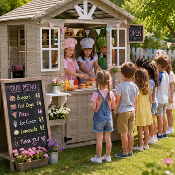Garvee High Quality Cedar Outdoor Playhouse Cottage for Kids – Vinyl Roof, Play Kitchen, Porch – Durable Backyard Wooden Toy House – Easy Assembly – Color: Grey