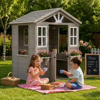 Garvee High Quality Cedar Outdoor Playhouse Cottage for Kids – Vinyl Roof, Play Kitchen, Porch – Durable Backyard Wooden Toy House – Easy Assembly – Color: Grey
