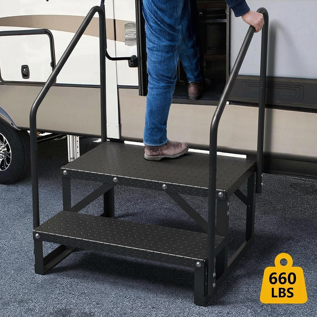 Garvee 2 Step RV Steps with Handrail, 660 Lbs Heavy-Duty Camper Entry Stairs, Anti-Slip Portable Steps for Travel Trailers,Mobile Home,Outdoor Camping with Non Slip Assist Handrail