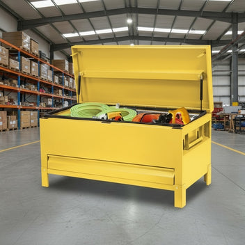 Garvee 48"x20"x20" Industrial Steel Truck Toolbox with Drawer, Lockable, Recessed Handles, Hydraulic Slow-Close Lid, Forklift Ready, Waterproof Heavy Duty Storage for Pickup Beds & Trailers, Yellow