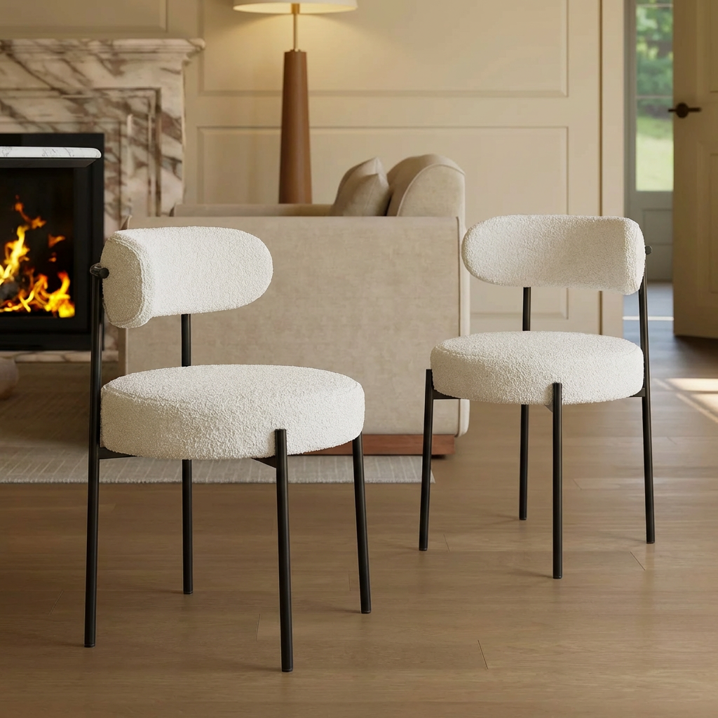 Garvee Set of 2 Mid-Century Modern Sherpa Dining Chairs with Ergonomic Curved Backrest for Dining Room and Kitchen, White