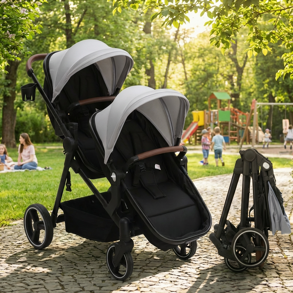 Garvee Foldable Double Baby Stroller in Multi-Position Reversible Design with Adjustable Backrest, Storage Basket and Canopy for Infant and Toddler, Light Grey