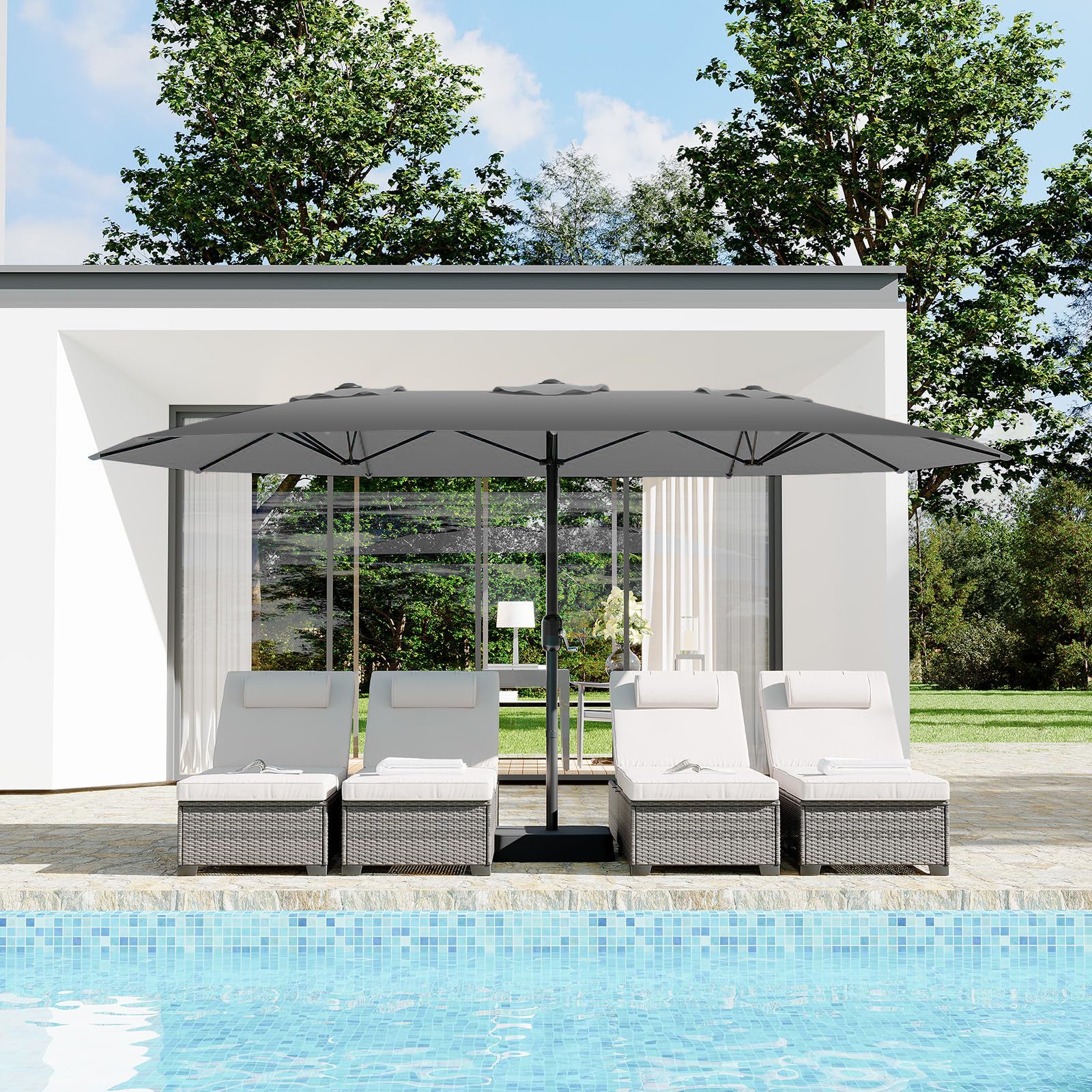 Garvee 15' Large Patio Umbrella with Base, Outdoor Double-Sided Rectan