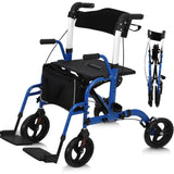 Garvee All-Terrain 2-in-1 Folding Walker & Transport Chair with Rest Seat, Adjustable Handlebars, Dual Brake System, Storage Bag for Seniors, Shopping, Outdoor Use, 300lbs Capacity, Blue - Blue