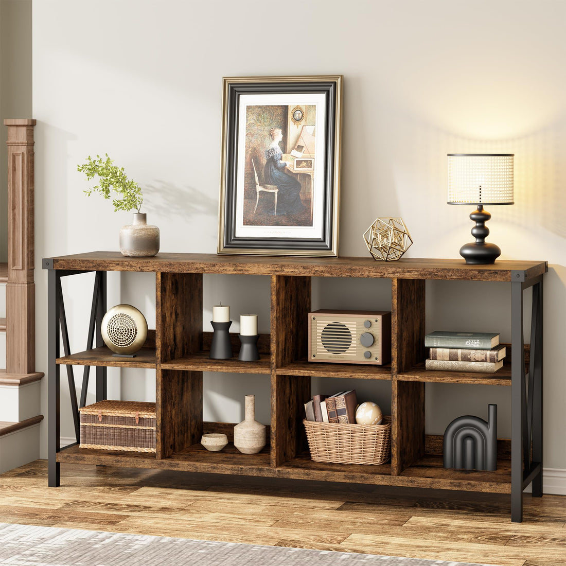 Garvee Console Table, Rustic 3 Tier Sofa Table Behind Couch, Industrial Metal Entryway Table with Storage Shelf, Farmhouse Wooden Foyer Hallway Table for Entry Living Room, Rustic Brown