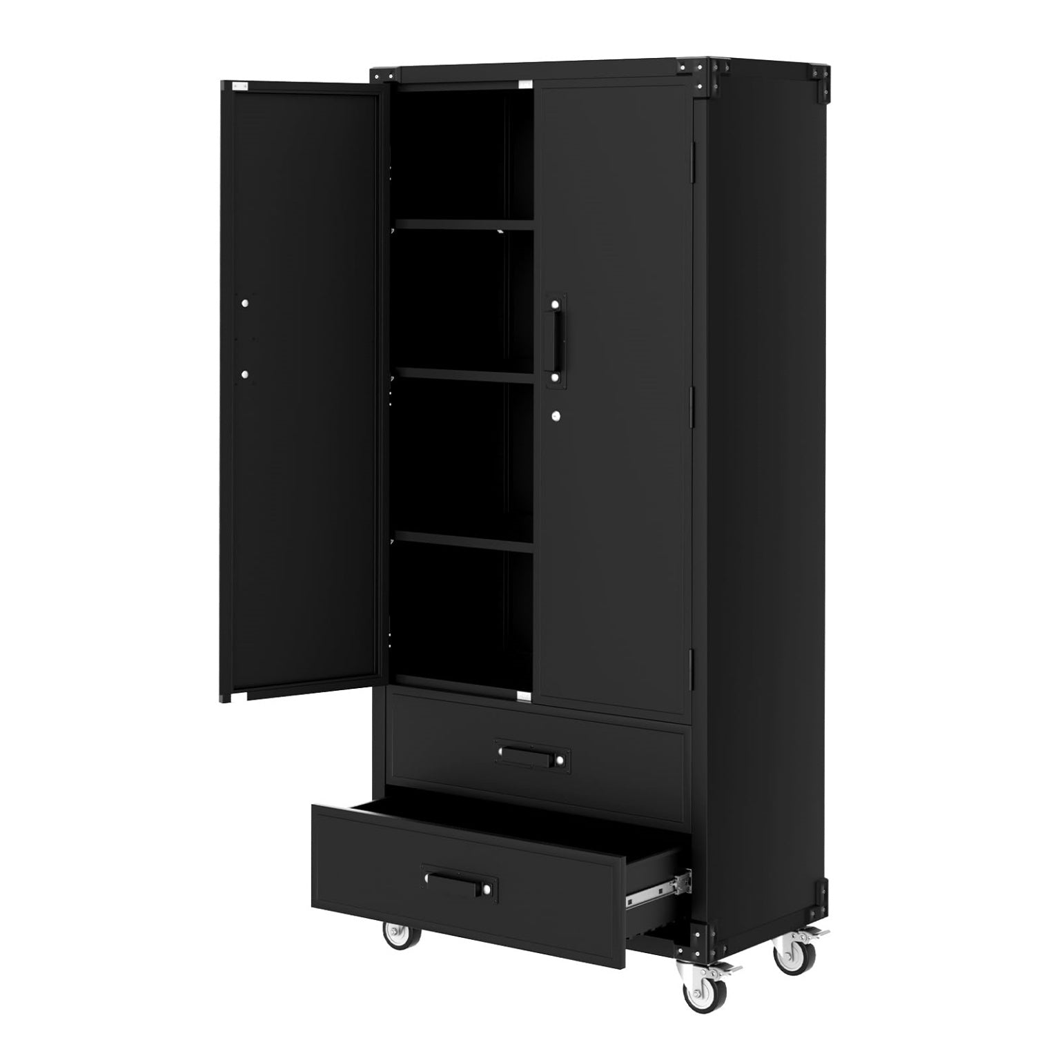 Garvee 72" Metal Storage Cabinet - Rolling Garage Cabinet with Locking Doors, 2 Drawers, 3 Adjustable Shelves, 0.6mm Cold-Rolled Steel, Lockable Wheels, Mobile Design for Garage and Office, Black