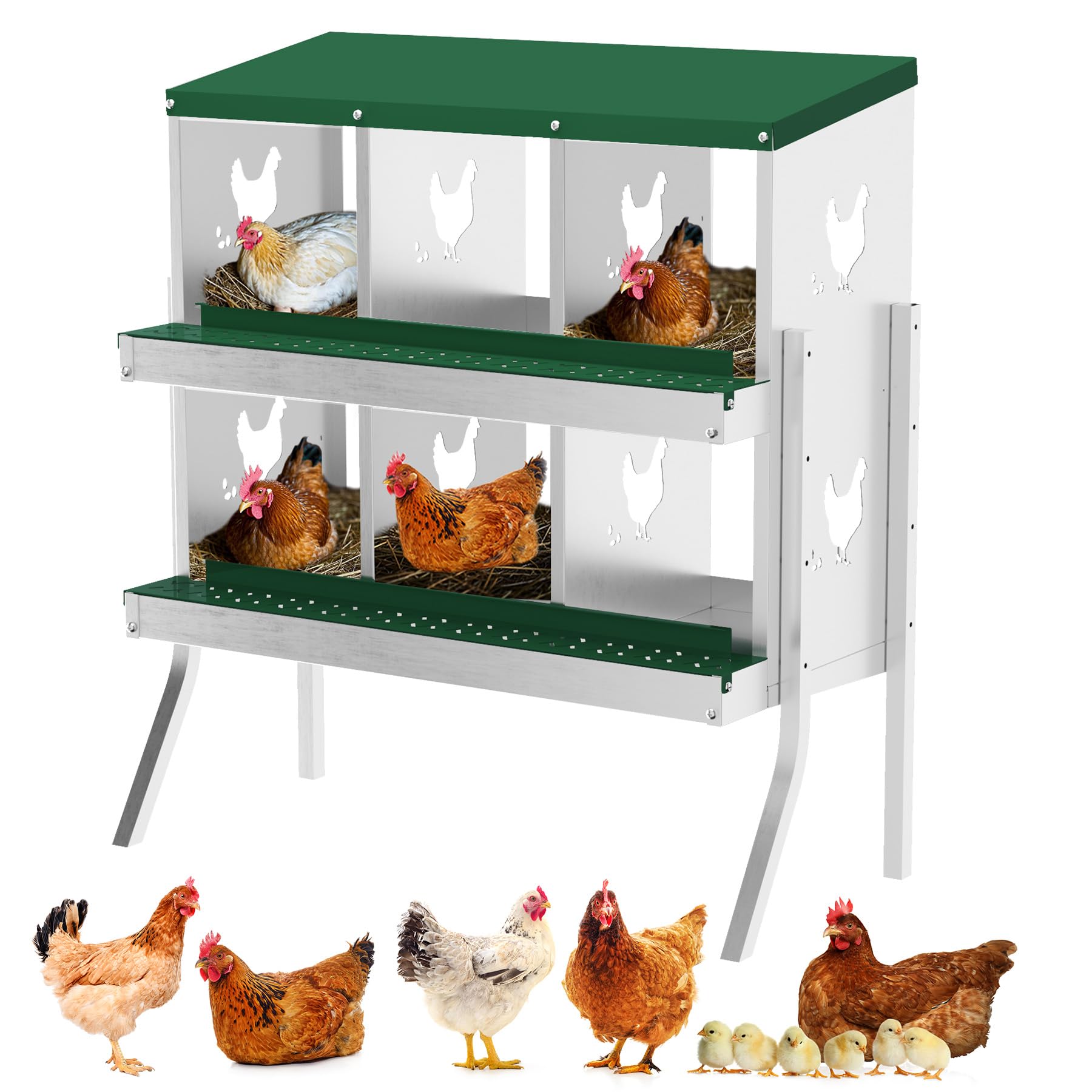 Garvee 6 Compartments Metal Chicken Nesting Boxes, Nesting Boxes with Metal Legs, Chicken Laying Box with Roll Out Egg Collection with Vented Holes