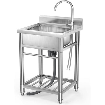 Garvee 23"D x 20"W x 35"H Stainless Steel Utility Sink - Freestanding Single Bowl with Hot & Cold Water Pipe for Restaurant, Laundry, Bathroom, Garage, Farmhouse