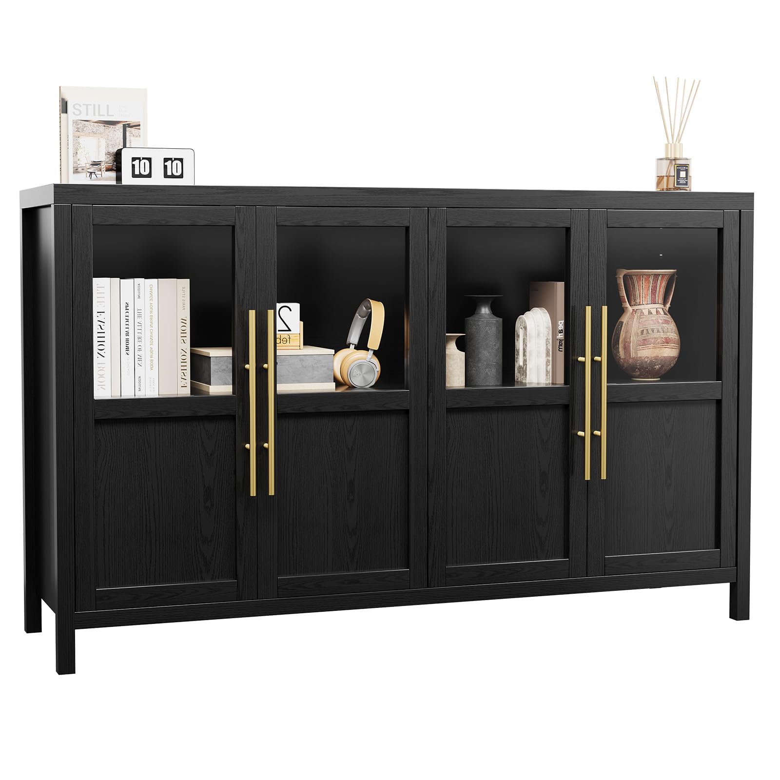 Garvee Sideboard Buffet Cabinet with 4 Glass Doors, 55" Large Buffet Cabinet with Storage, Modern Farmhouse Storage Cabinet Table for Kitchen Dining Room, Living Room, Black