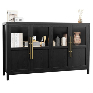 Garvee Sideboard Buffet Cabinet with 4 Glass Doors, 55" Large Buffet Cabinet with Storage, Modern Farmhouse Storage Cabinet Table for Kitchen Dining Room, Living Room, Black