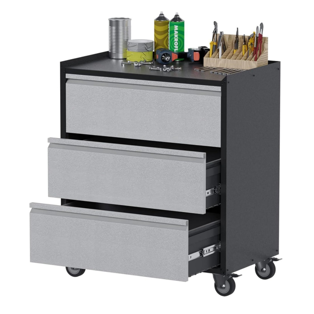 Garvee Metal Storage Cabinet with 3 Drawers, Heavy Duty Rolling Tool Cart, Locking Wheels, Ball Bearing Slides, Steel, Mobile Work Surface, Garage & Workshop