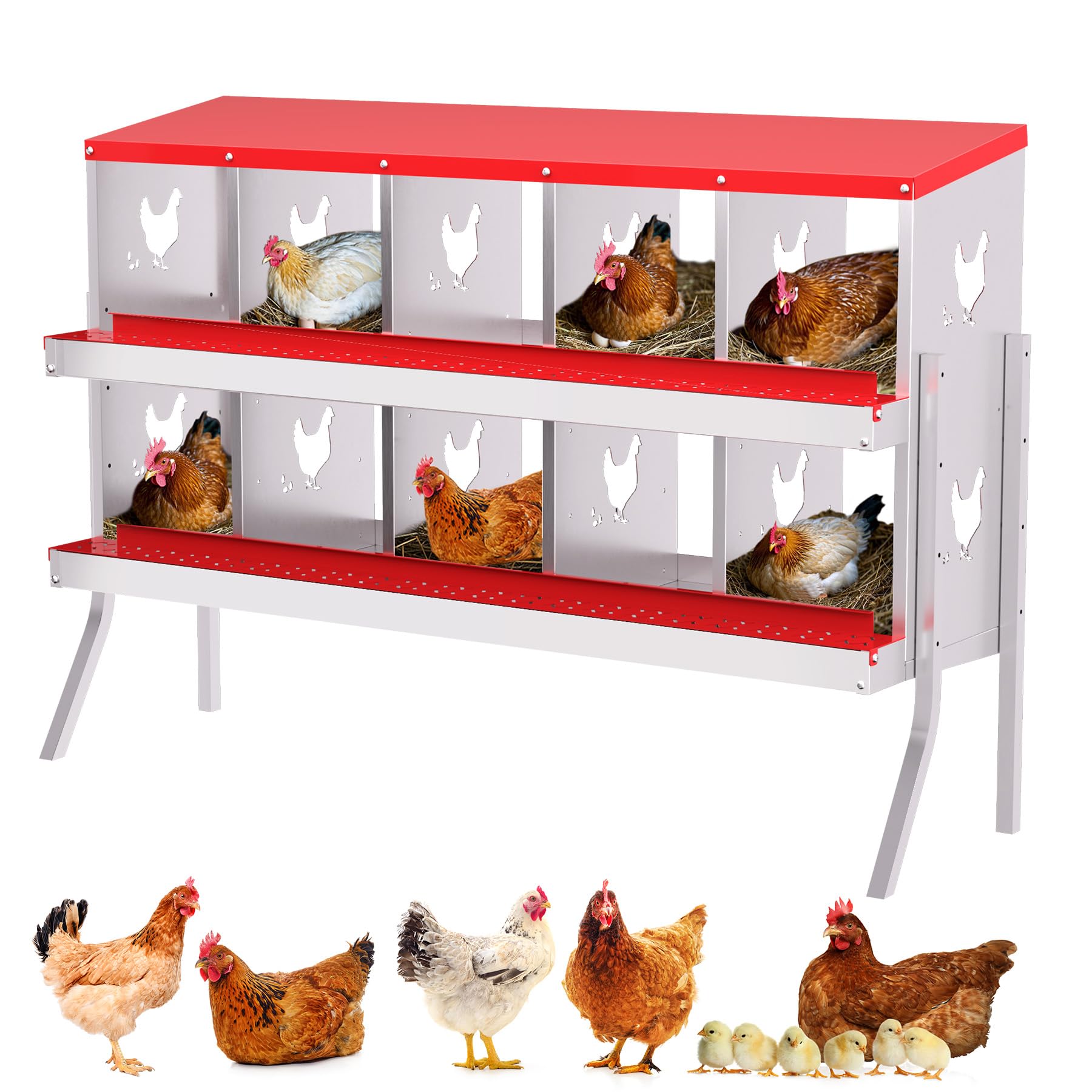 Garvee Nesting Boxes for Chickens, 10 Compartment Chicken Nesting Box with Elevated Metal Legs, Metal Chicken Laying Boxes with Perch, Secure Lid, Versatile Wall Mount or Free Standing for Hens, red