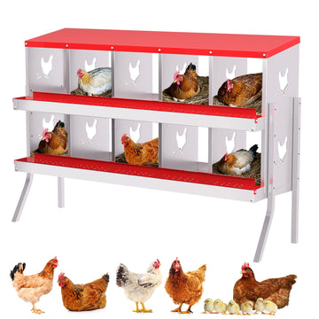 Garvee Nesting Boxes for Chickens, 10 Compartment Chicken Nesting Box with Elevated Metal Legs, Metal Chicken Laying Boxes with Perch, Secure Lid, Versatile Wall Mount or Free Standing for Hens, red