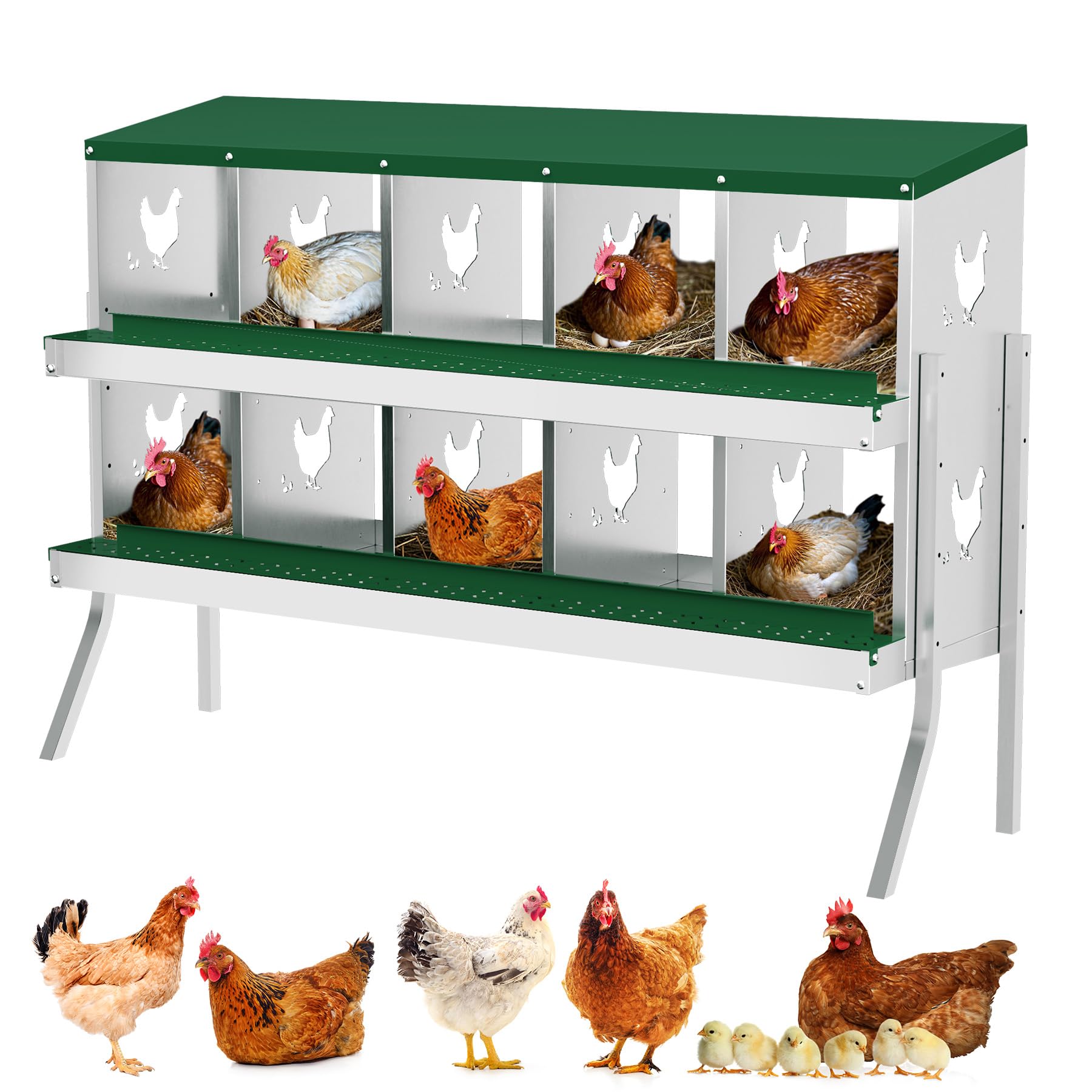 Garvee Nesting Boxes for Chickens, 10 Compartment Chicken Nesting Box with Elevated Metal Legs, Metal Chicken Laying Boxes with Perch, Secure Lid, Versatile Wall Mount or Free Standing for Hens, Green