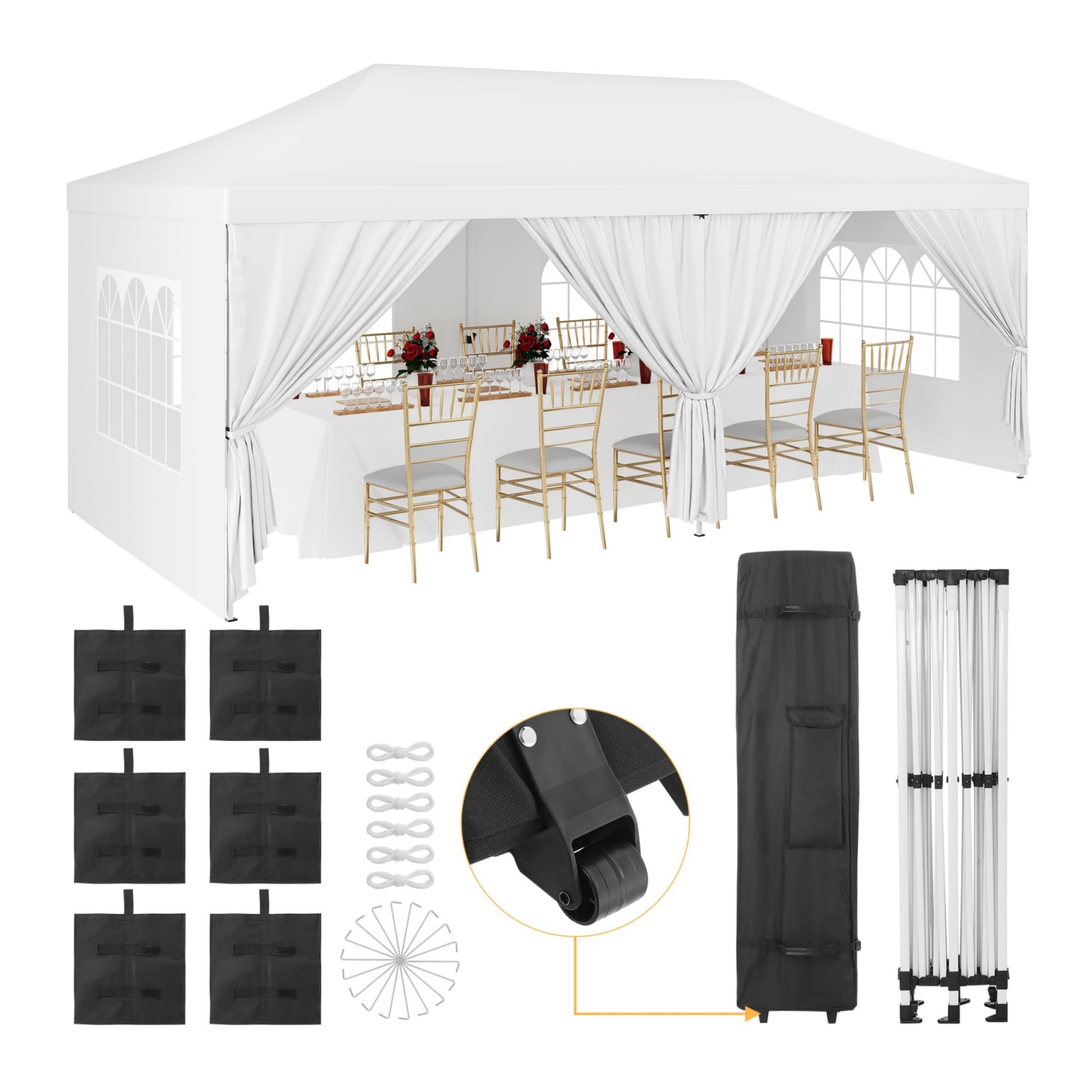 Garvee Upgraded 10x20ft Pop-Up Canopy Tent with 6 Removable Sidewalls - Heavy Duty Commercial Tent for Parties, Roller Bag, Sand Bags & Stakes, White