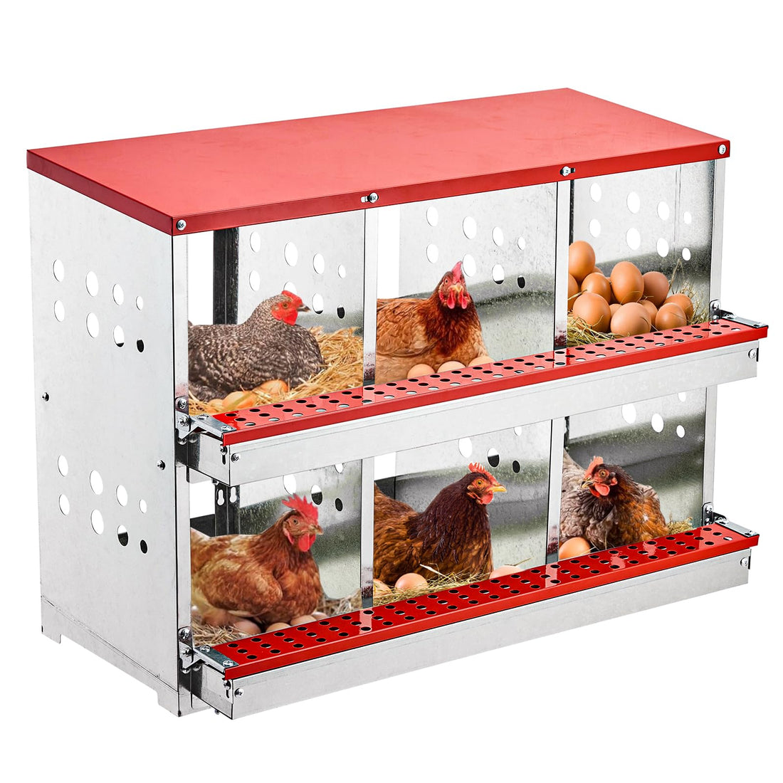 Garvee Nesting Boxes for Chickens, 6 Compartment Roll Out Away Chicken Nesting Boxes for Laying Eggs, Nesting Gift Boxes for Hens Duck Poultry, Metal Heavy Duty Chicken Coop with Perch
