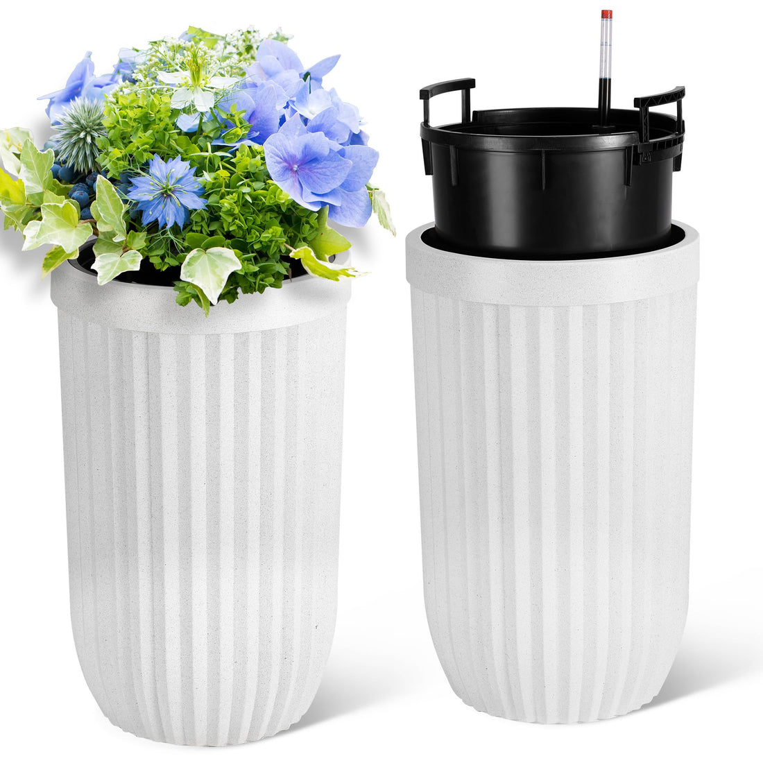 Garvee 23 Inch Tall Planters Set of 2, Self Watering Pots with a Water Level Monitor and Hidden Wheels, Ideal for Living Room, Bedroom, Office, Patio, Porch, Garden, Commercial Places, White