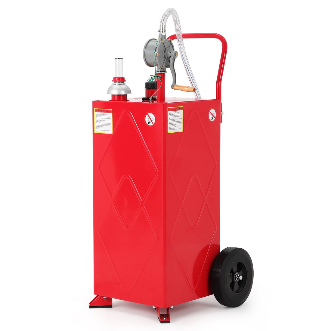 Garvee 35 Gallon Fuel Caddy with Manual Pump, 9.8 ft UV-Resistant Hose Tank Gauge Ground Clamp 2 Wheels, Portable Gas Diesel Tank for Car Boat ATV Lawn Mower, Red